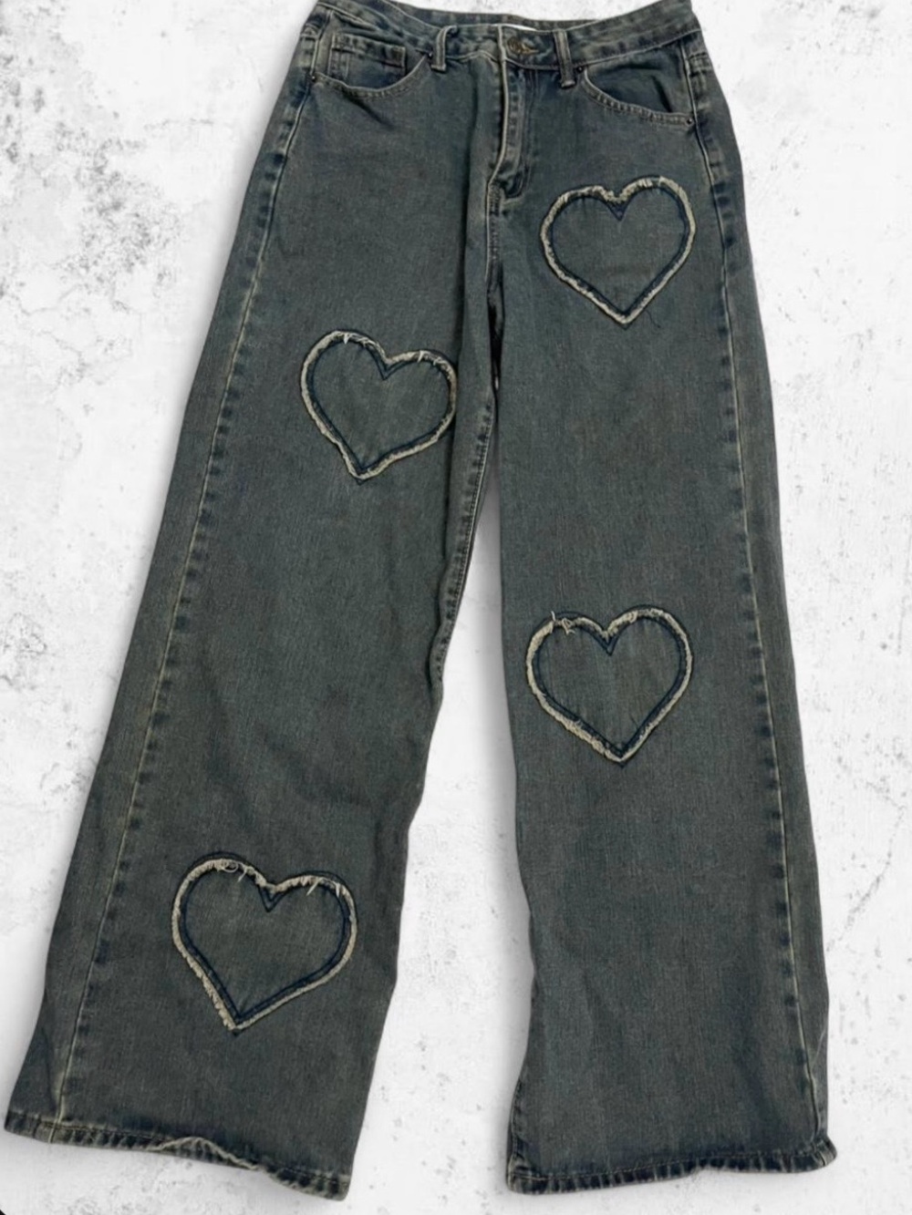 Forever 21 Dark Gray Wide-Leg Jeans with Heart Patch Accents